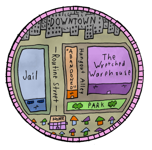 A Map of Lizzie Smithson's home, Mega Cincinnati, showing a residential area where people live, a downtown area with many tall buildings, and a street and alley connecting them, bordered on their east and west sides by two abandoned buildings and a jail.